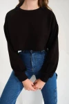 Kadın Siyah Pamuklu 3 İplik Örme Crop Sweatshirt (zck0557)