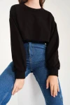 Kadın Siyah Pamuklu 3 İplik Örme Crop Sweatshirt (zck0557)