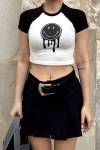 Siyah Smiley Baskılı Crop Tişört (zck0612)