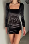 Siyah Yırtmaç Detaylı Kadife Mini Elbise (zck0587)