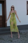 Yeşil Desenli Straplez Tüllü Uzun Elbise (zck0742)