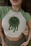 Yeşil Smiley Baskılı Crop Tişört (zck0612)