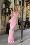 Kadın Pembe V Yaka Uzun Askılı Elbise (ZCKZK009)