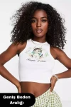 Kadın Beyaz Halter Yaka Kedi Baskılı Crop Bluz (zck0632)