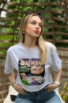 Kadın Ekru Batman Baskılı Crop Bluz (zck0664)