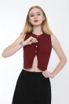 Kadın Bordo Metal Düğmeli Crop Yelek (ZCKTY036)