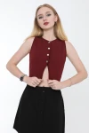 Kadın Bordo Metal Düğmeli Crop Yelek (ZCKTY036)