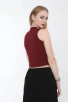 Kadın Bordo Metal Düğmeli Crop Yelek (ZCKTY036)