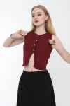 Kadın Bordo Metal Düğmeli Crop Yelek (ZCKTY036)