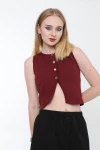 Kadın Bordo Metal Düğmeli Crop Yelek (ZCKTY036)