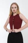 Kadın Bordo Metal Düğmeli Crop Yelek (ZCKTY036)