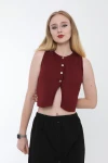 Kadın Bordo Metal Düğmeli Crop Yelek (ZCKTY036)