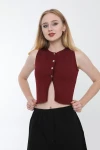 Kadın Bordo Metal Düğmeli Crop Yelek (ZCKTY036)