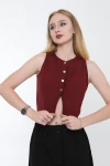 Kadın Bordo Metal Düğmeli Crop Yelek (ZCKTY036)