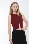 Kadın Bordo Metal Düğmeli Crop Yelek (ZCKTY036)