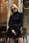 Kadın Siyah Yarım Fermuarlı Model Kumaş Crop (ZCKSS156)