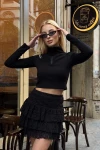 Kadın Siyah Yarım Fermuarlı Model Kumaş Crop (ZCKSS156)