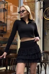 Kadın Siyah Yarım Fermuarlı Model Kumaş Crop (ZCKSS156)