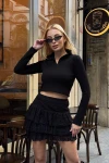 Kadın Siyah Yarım Fermuarlı Model Kumaş Crop (ZCKSS156)