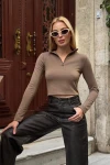 Kadın Kahve Yarım Fermuarlı Model Kumaş Crop (ZCKSS156)