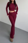 Kadın Bordo Crop Bluz Bel Katlamalı Yumoş İspanyol Paça Takım (ZCKSA0350)